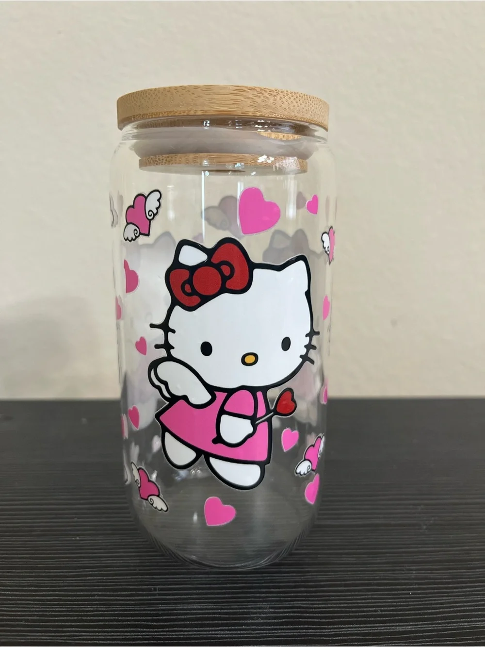 Hello Kitty character Drinking Jar with bamboo lid and reusable straw 16oz
